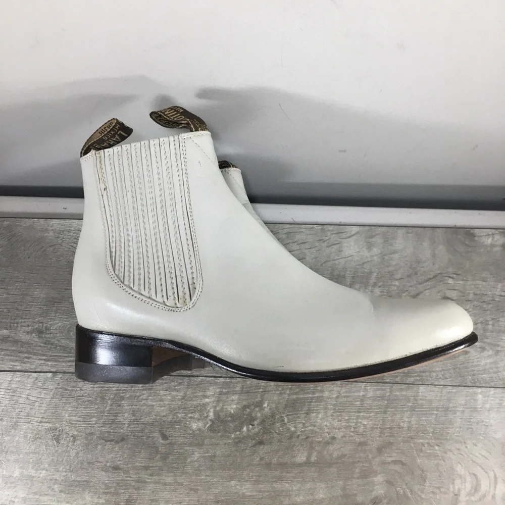 Lara Men’s White Leather Vaquero Slip-On Chelsea Western Botines Ankle Boots 7.5